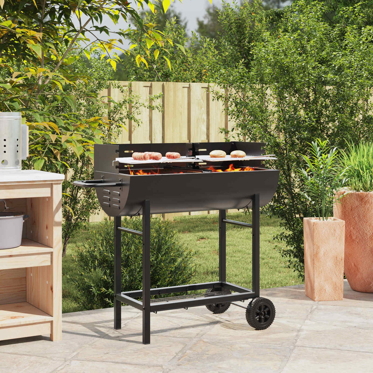 Outdoor Grills Charcoal BBQ Grill Barbecue Adjustable Grates & Wheels Black 96.5
