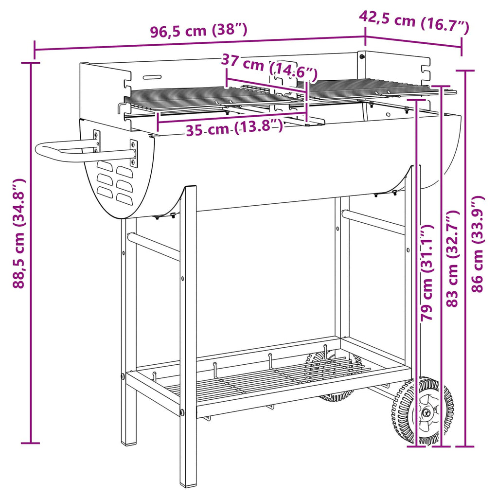 Outdoor Grills Charcoal BBQ Grill Barbecue Adjustable Grates & Wheels Black 96.5