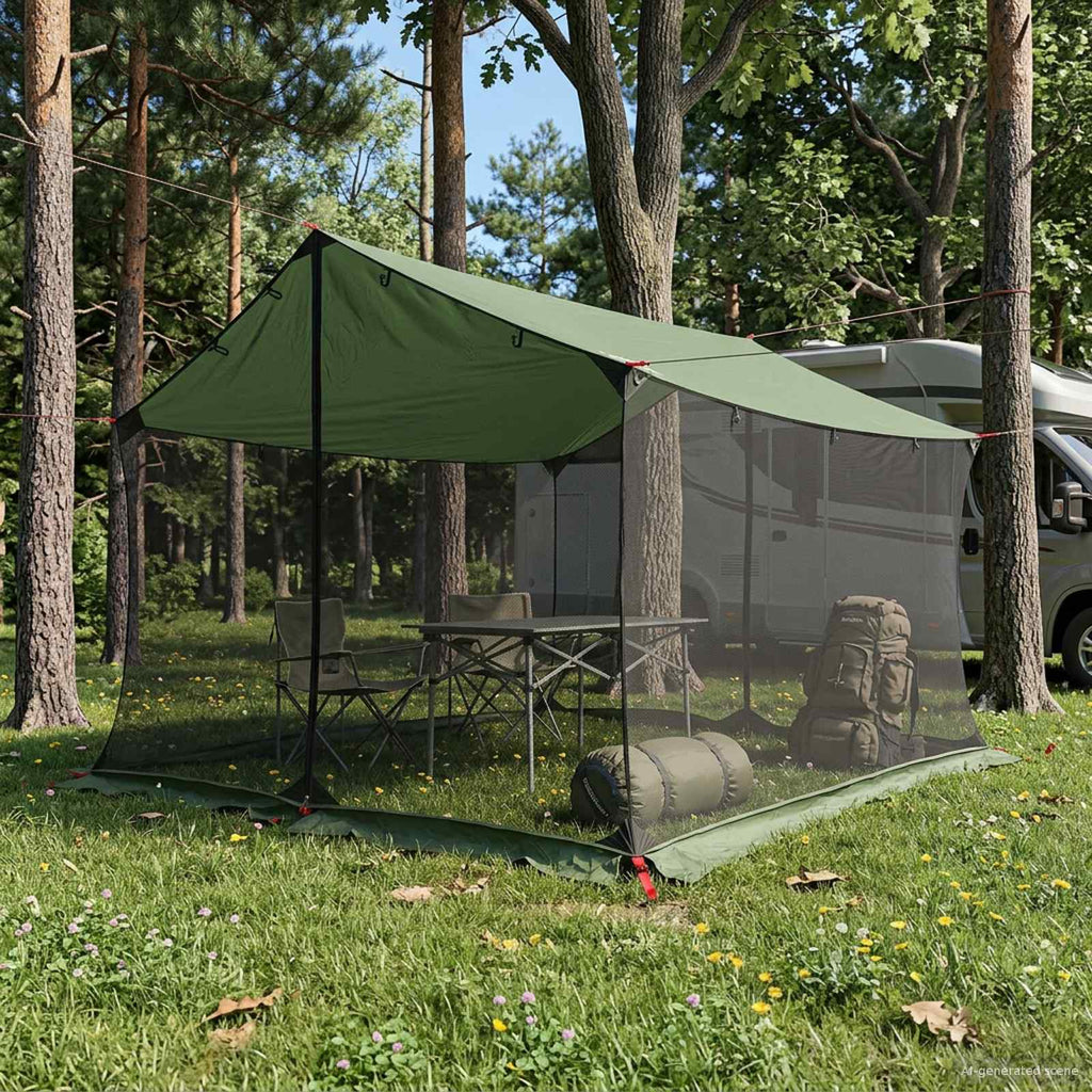 Camping Tarp With Mesh Walls Green 340 X 260 X 220 Cm