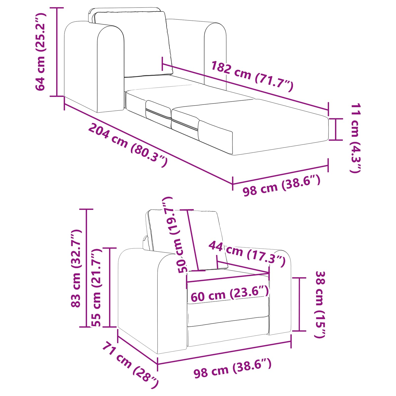 Folding Sofa Bed 98 X 71 X 83 Cm Fabric