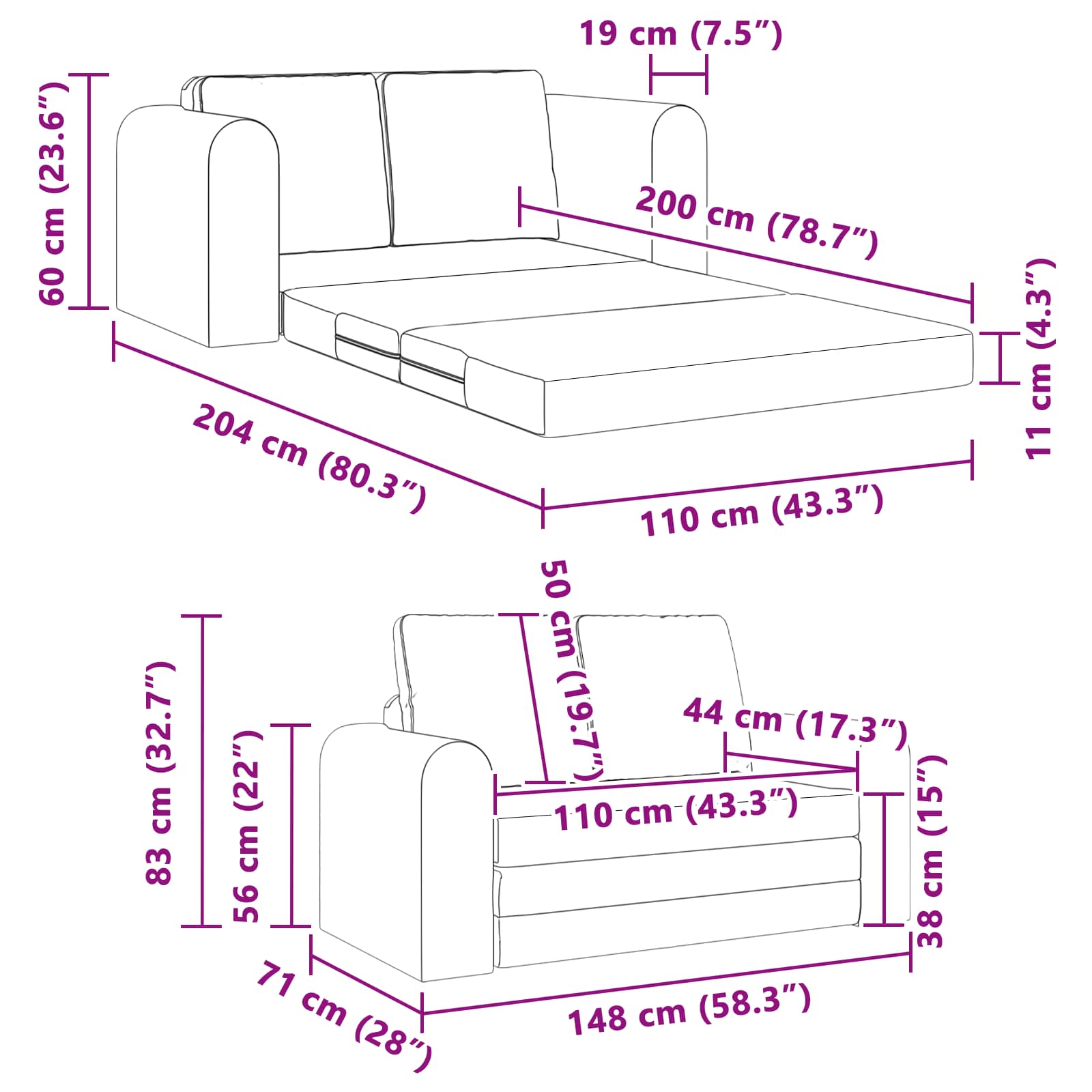 Folding Sofa Bed 148 X 71 X 83 Cm Fabric