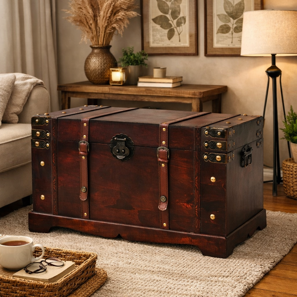 Antique Wooden Storage Chest Trunk Blanket Box Treasure Chest Brown Decor