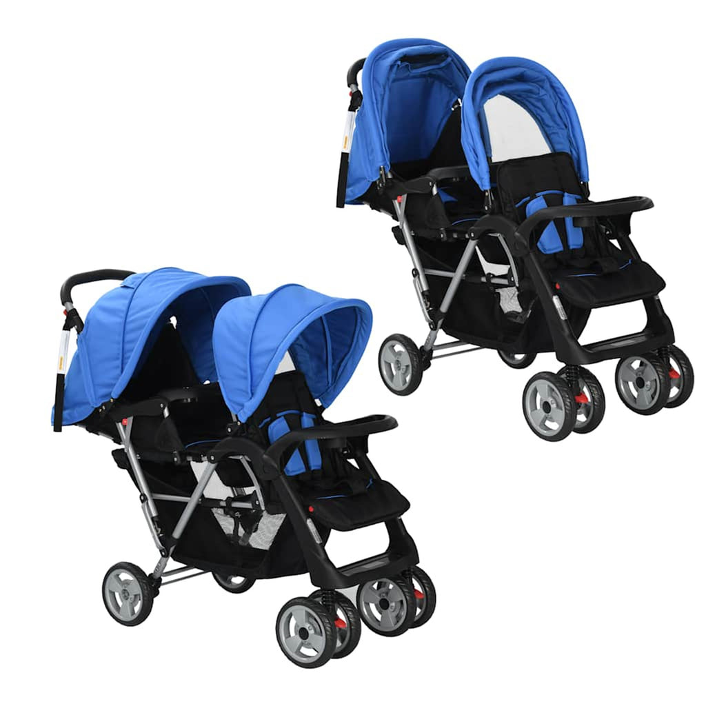 Stroller Steel Blue Lockable 122.5 x 53.5 x 112 cm Pushchair Baby Pram Tandem
