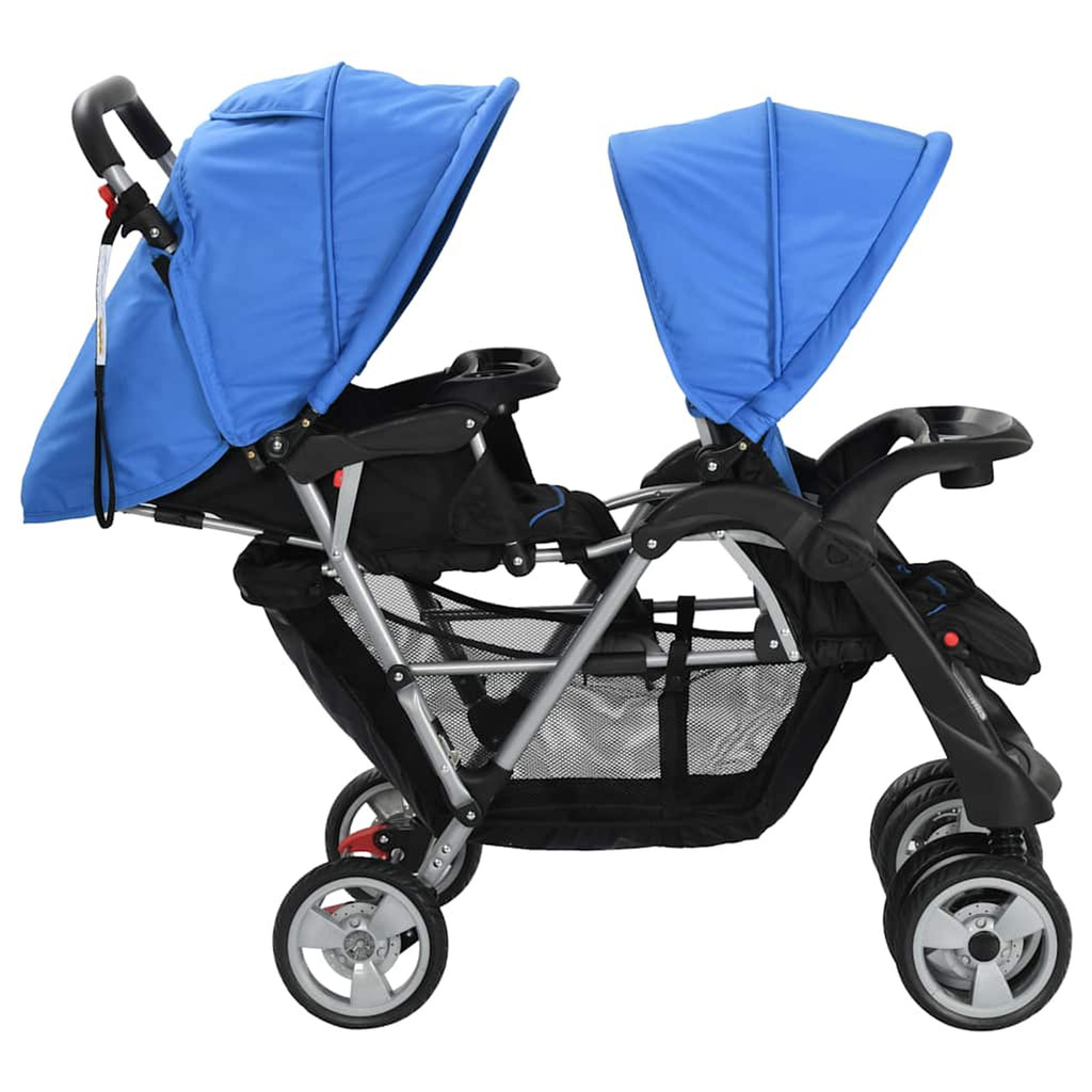 Stroller Steel Blue Lockable 122.5 x 53.5 x 112 cm Pushchair Baby Pram Tandem