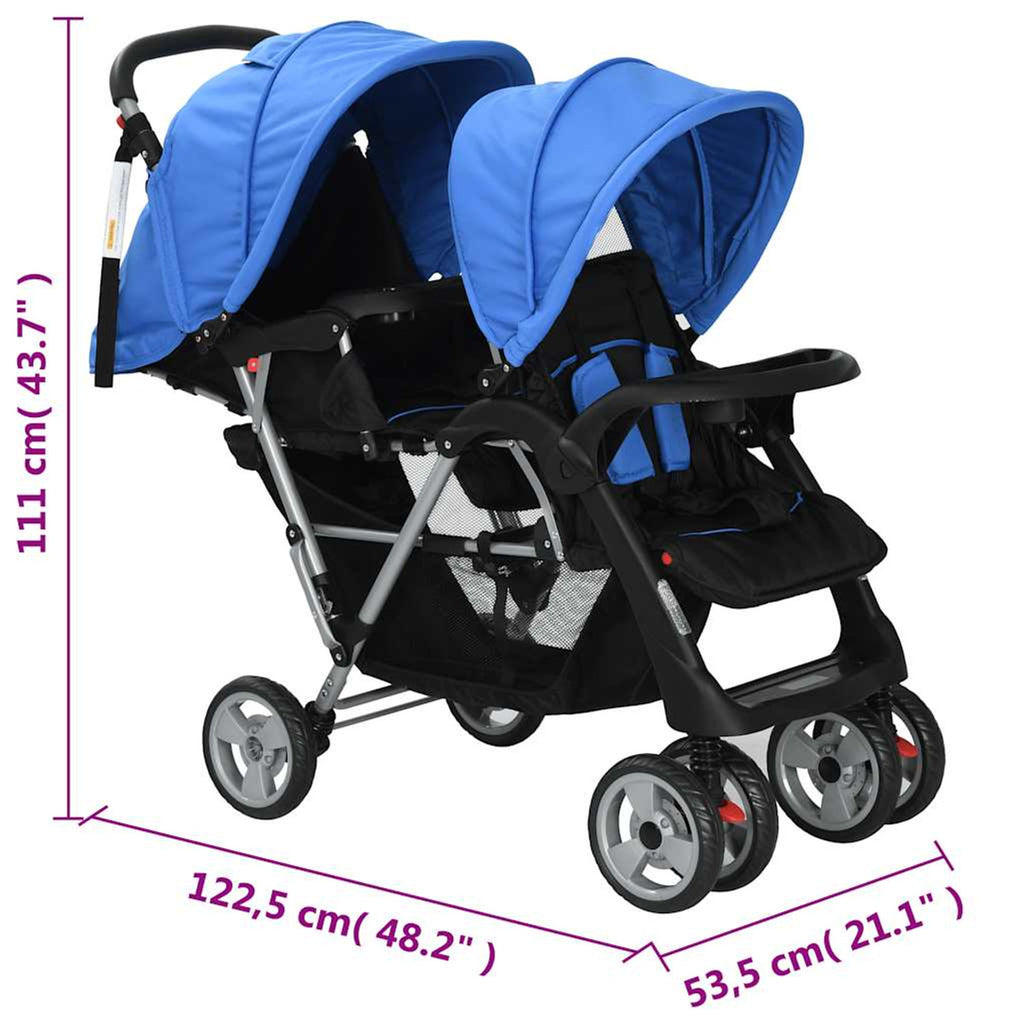 Stroller Steel Blue Lockable 122.5 x 53.5 x 112 cm Pushchair Baby Pram Tandem